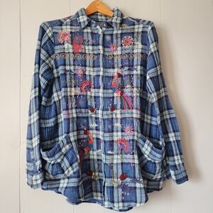Johnny Was Workshop Embroidered Boho Southwestern Flannel Plaid Button Up M Blue